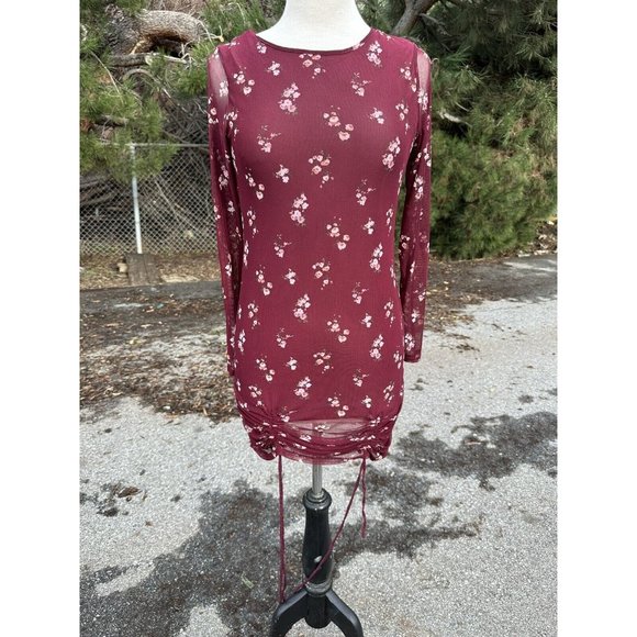 Vibe Sportswear Dresses & Skirts - Vibe Sportswear Womans Large Burgundy Dress Floral Long Sheer Sleeve Short Lined